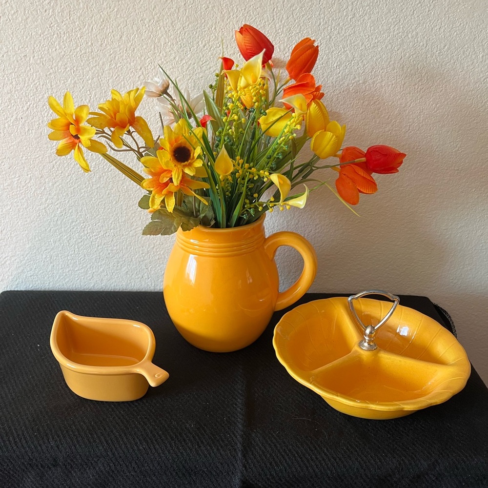 Vintage yellow Ceramic Pitcher and Dish Set